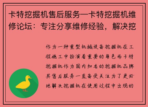 卡特挖掘机售后服务—卡特挖掘机维修论坛：专注分享维修经验，解决挖掘机问题